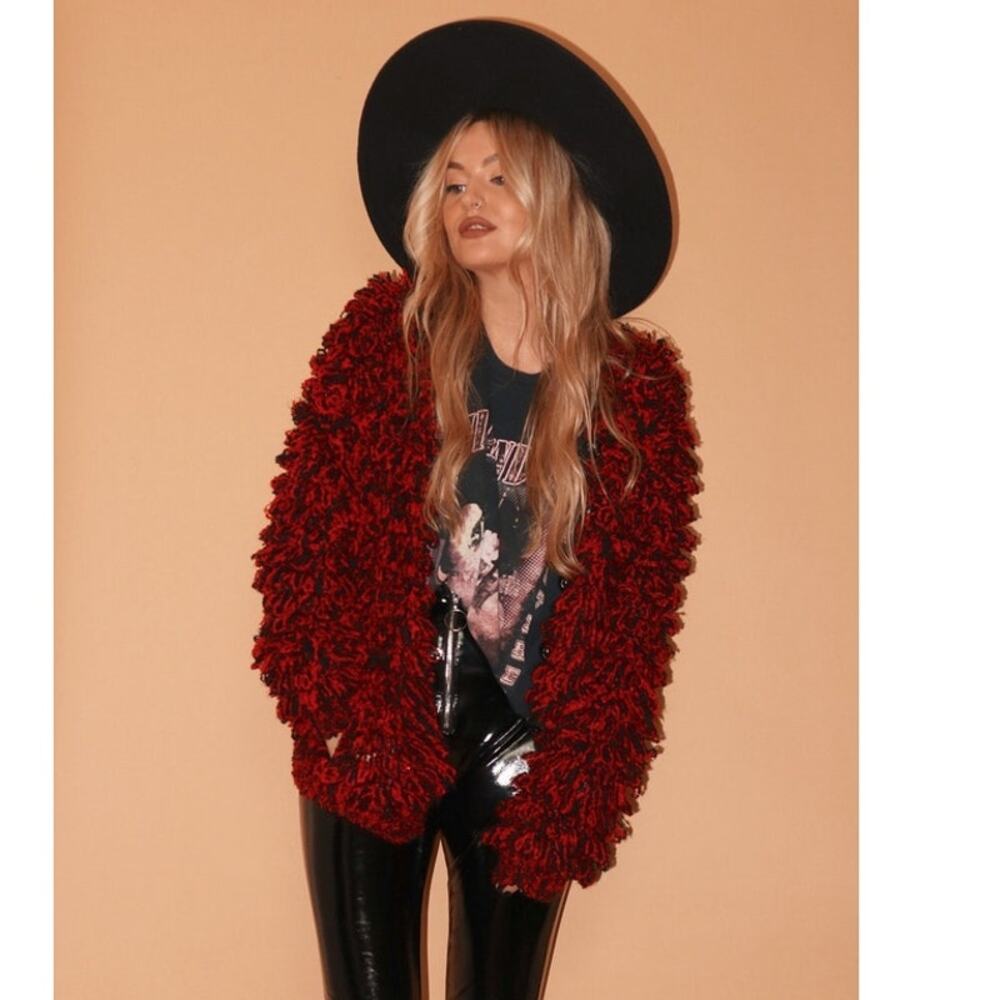 Vintage 1980s Clovis Ruffin Knit Black & Ruby Loop Knit Shaggy Cardigan Large